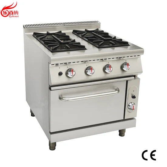 Équipement de cuisine commercial approuvé CE, cuisinière à gaz à 4 brûleurs de 90cm avec four à gaz en acier inoxydable autoportant (9G